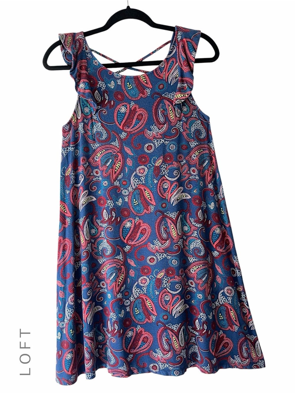 LOFT NWOT BLUE PAISLEY RUFFLE CAP SLEEVE DRESS CRISS-CROSS BACK SLEEVELESS | XS
